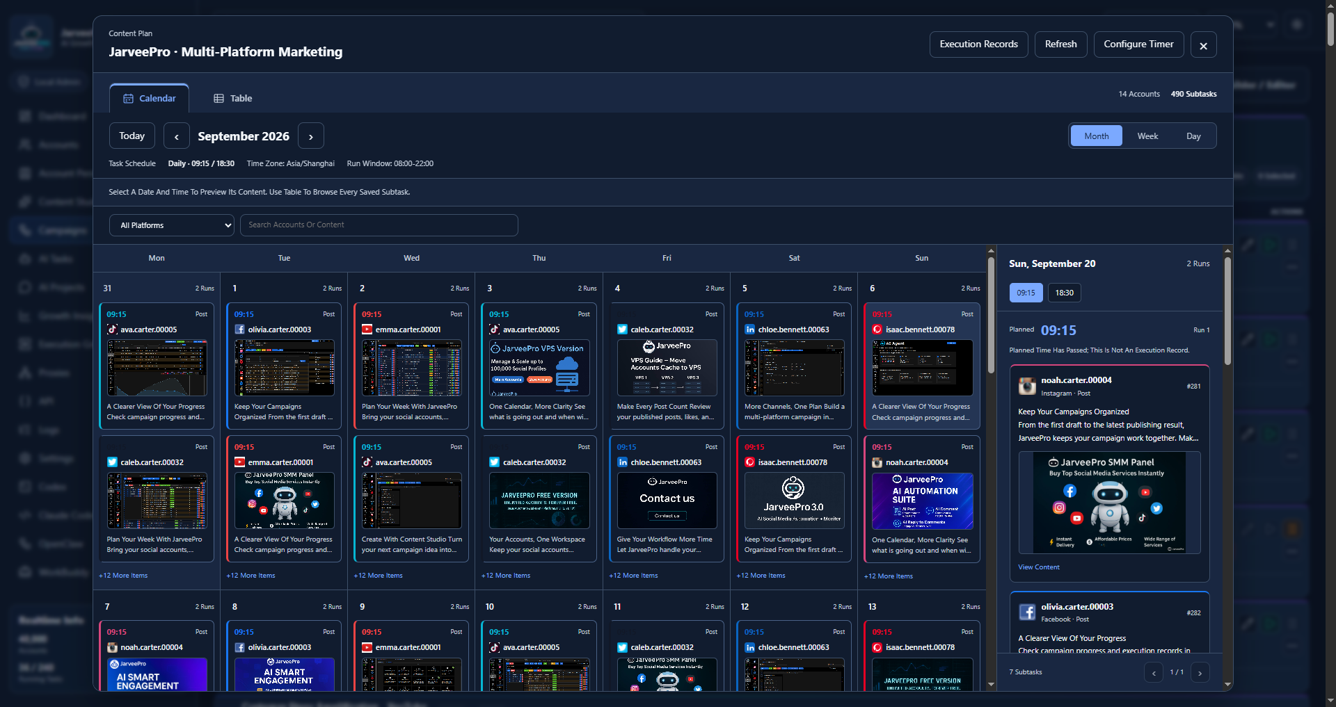 Put the Account Matrix on One Calendar · JarveePro — Actual plan: 14 accounts and 490 subtasks. Planned times are separate from execution records, not proof of 490 successful posts.