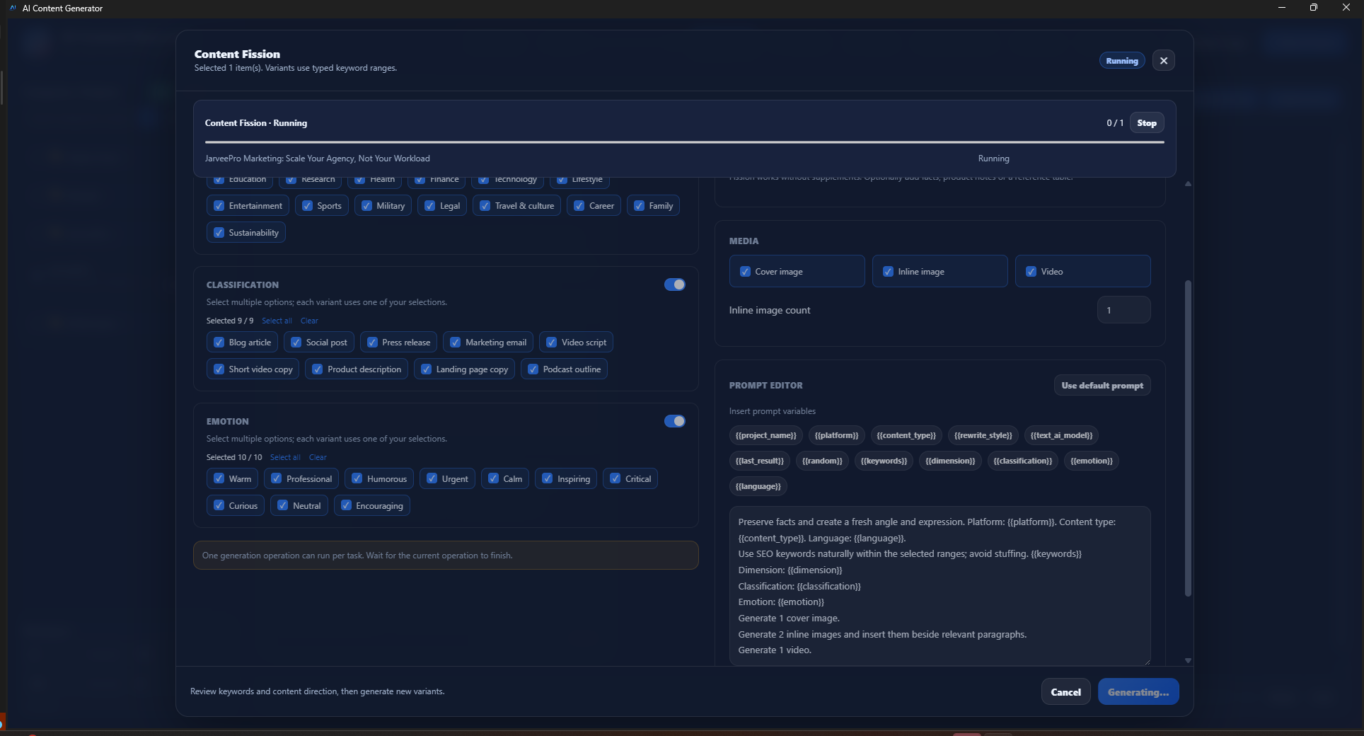 Keep Batch Creation Observable · JarveePro — Generation is in progress at 0/1 in this capture; it does not show hundreds of completed items.
