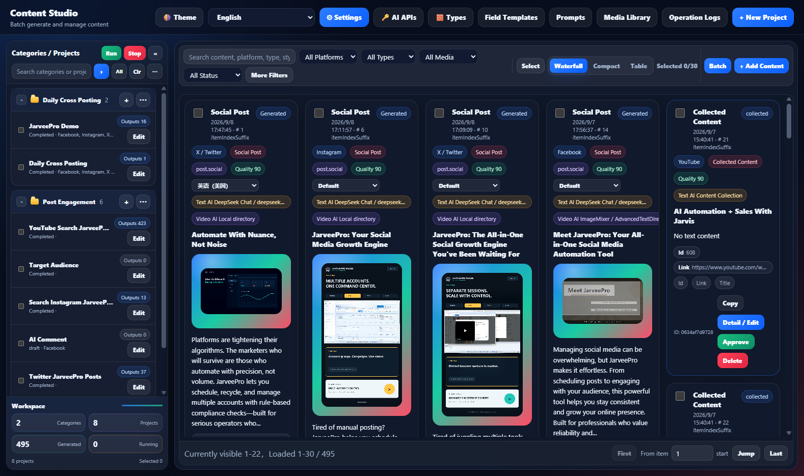 Real JarveePro Content Studio with 8 projects, 495 generated items and a content waterfall containing platform tags, quality labels and approval controls.