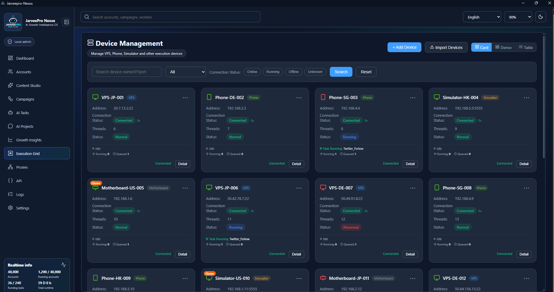Real JarveePro device management with VPS, phone, simulator and motherboard nodes showing connections, threads, queued tasks and normal, running or abnormal states.